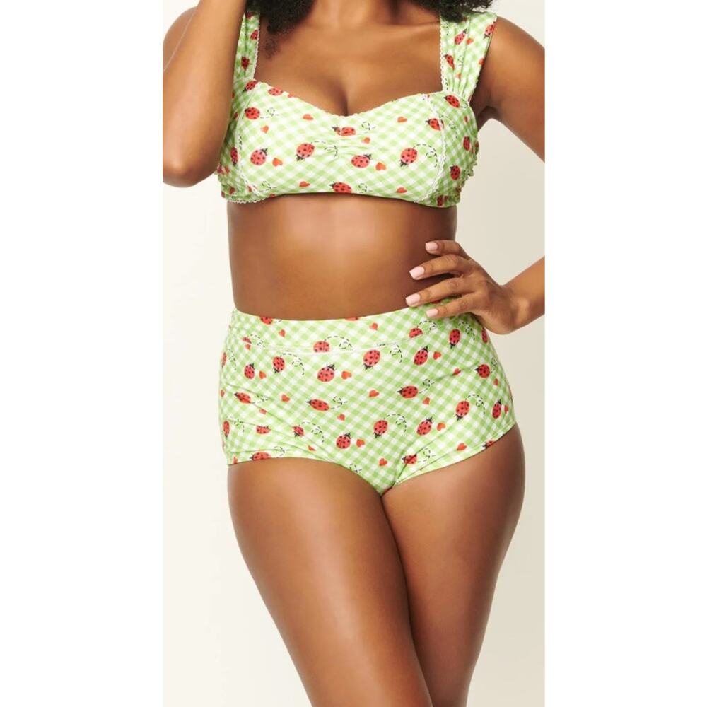 Unique Vintage Green Gingham Ladybug High-Waist Bikini